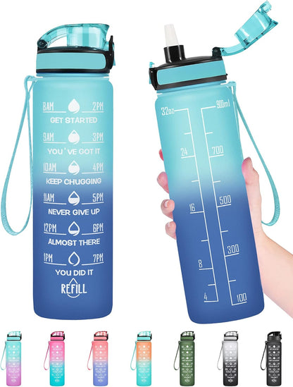 Water Bottle, Leakproof BPA & Toxic Free, Motivational Water Bottle with Times to Drink and Straw, Fitness Sports Water Bottle with Strap for Office, Gym, Outdoor Sports