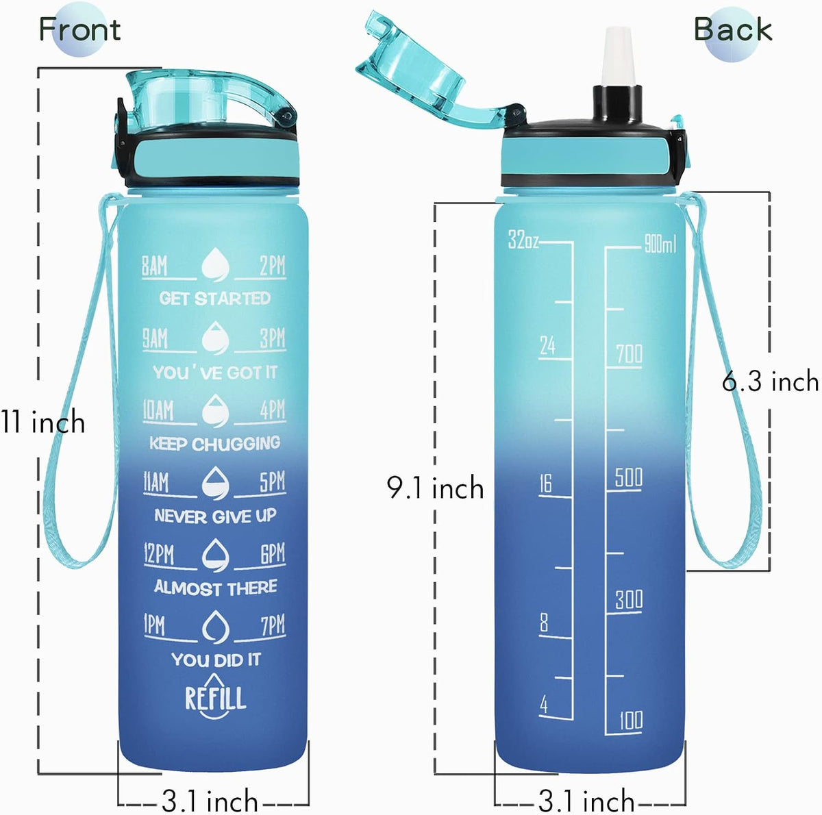 Water Bottle, Leakproof BPA & Toxic Free, Motivational Water Bottle with Times to Drink and Straw, Fitness Sports Water Bottle with Strap for Office, Gym, Outdoor Sports