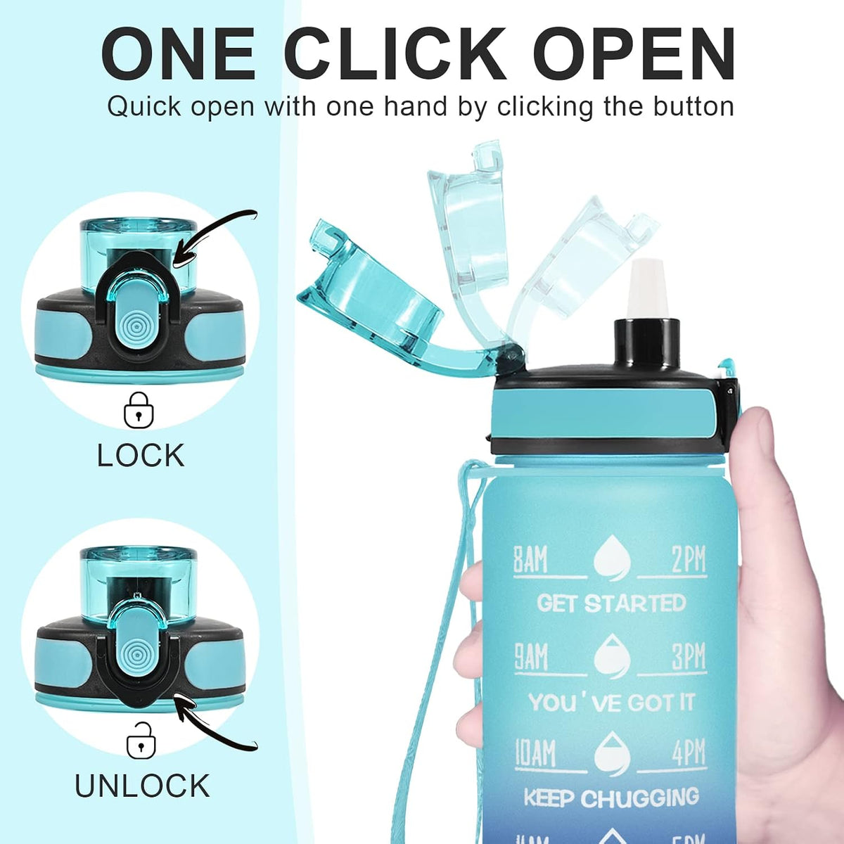 Water Bottle, Leakproof BPA & Toxic Free, Motivational Water Bottle with Times to Drink and Straw, Fitness Sports Water Bottle with Strap for Office, Gym, Outdoor Sports