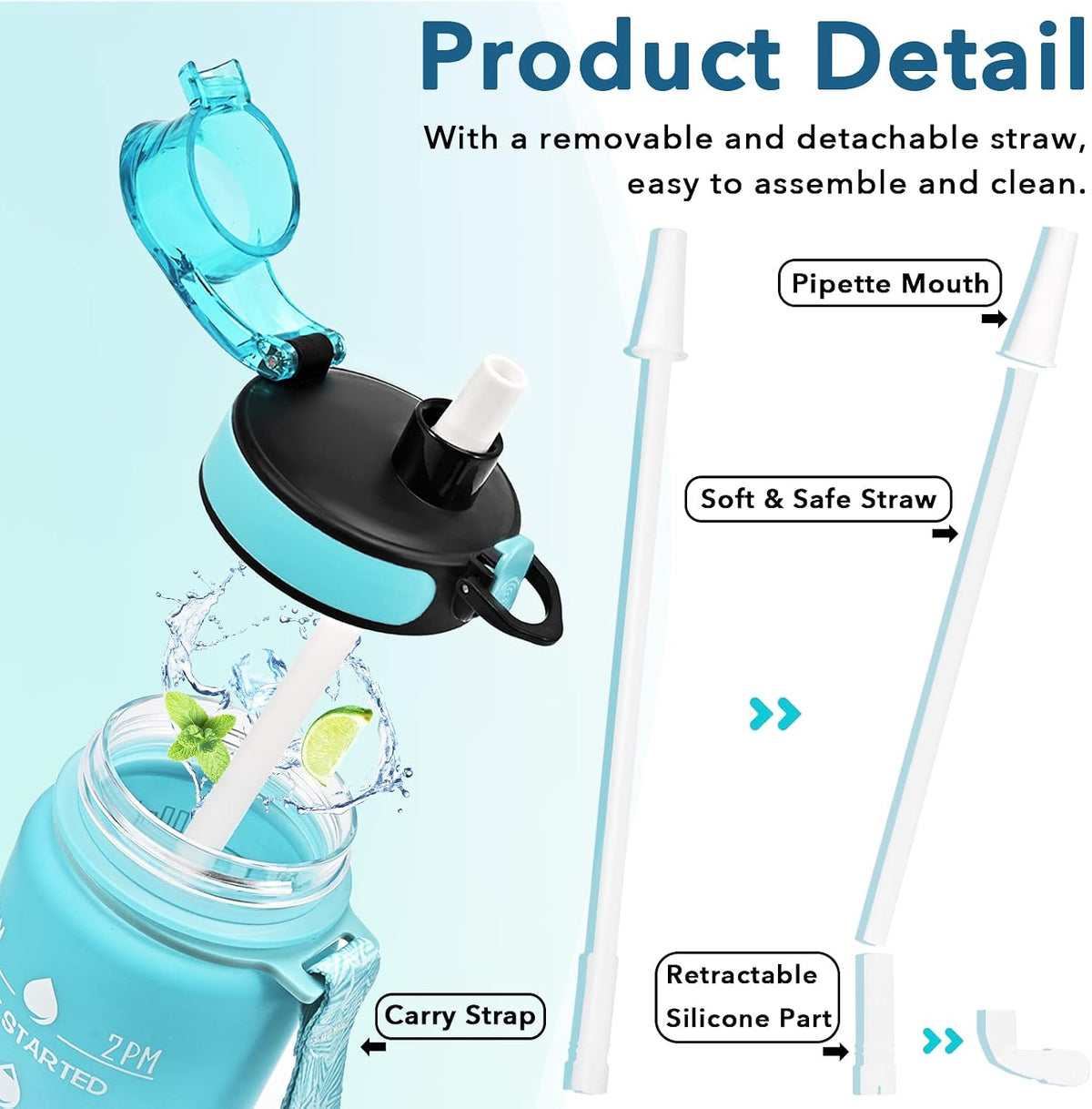 Water Bottle, Leakproof BPA & Toxic Free, Motivational Water Bottle with Times to Drink and Straw, Fitness Sports Water Bottle with Strap for Office, Gym, Outdoor Sports