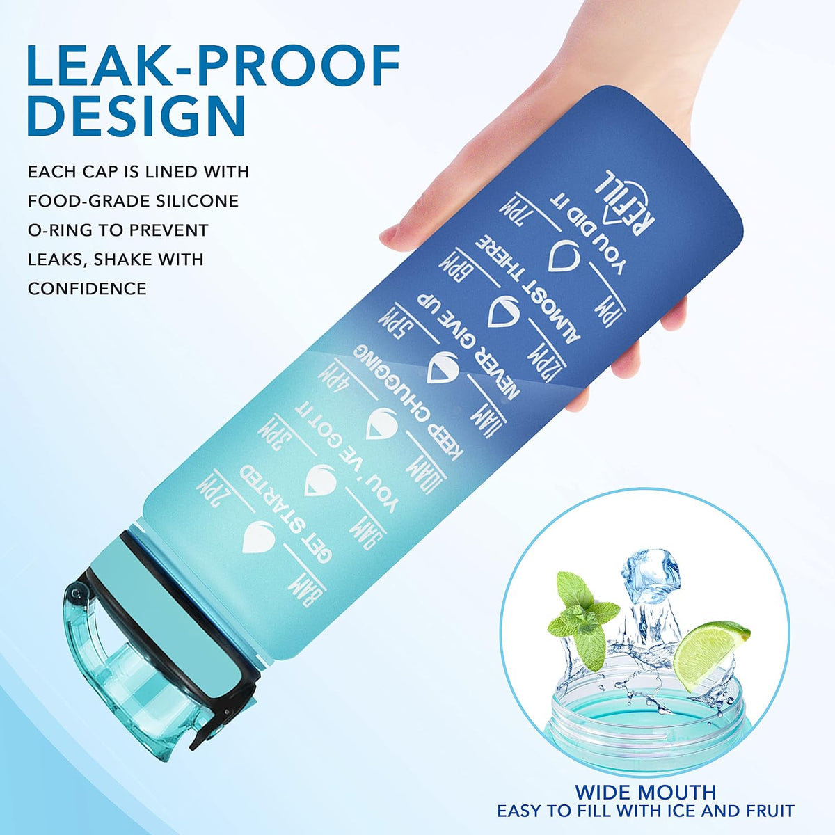 Water Bottle, Leakproof BPA & Toxic Free, Motivational Water Bottle with Times to Drink and Straw, Fitness Sports Water Bottle with Strap for Office, Gym, Outdoor Sports