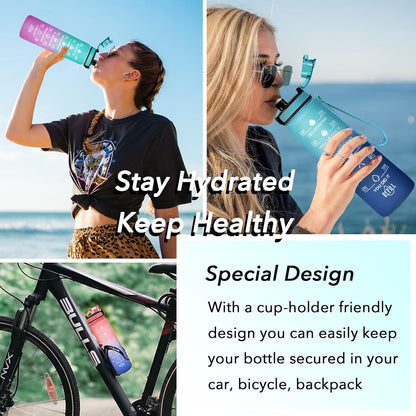 Water Bottle, Leakproof BPA & Toxic Free, Motivational Water Bottle with Times to Drink and Straw, Fitness Sports Water Bottle with Strap for Office, Gym, Outdoor Sports