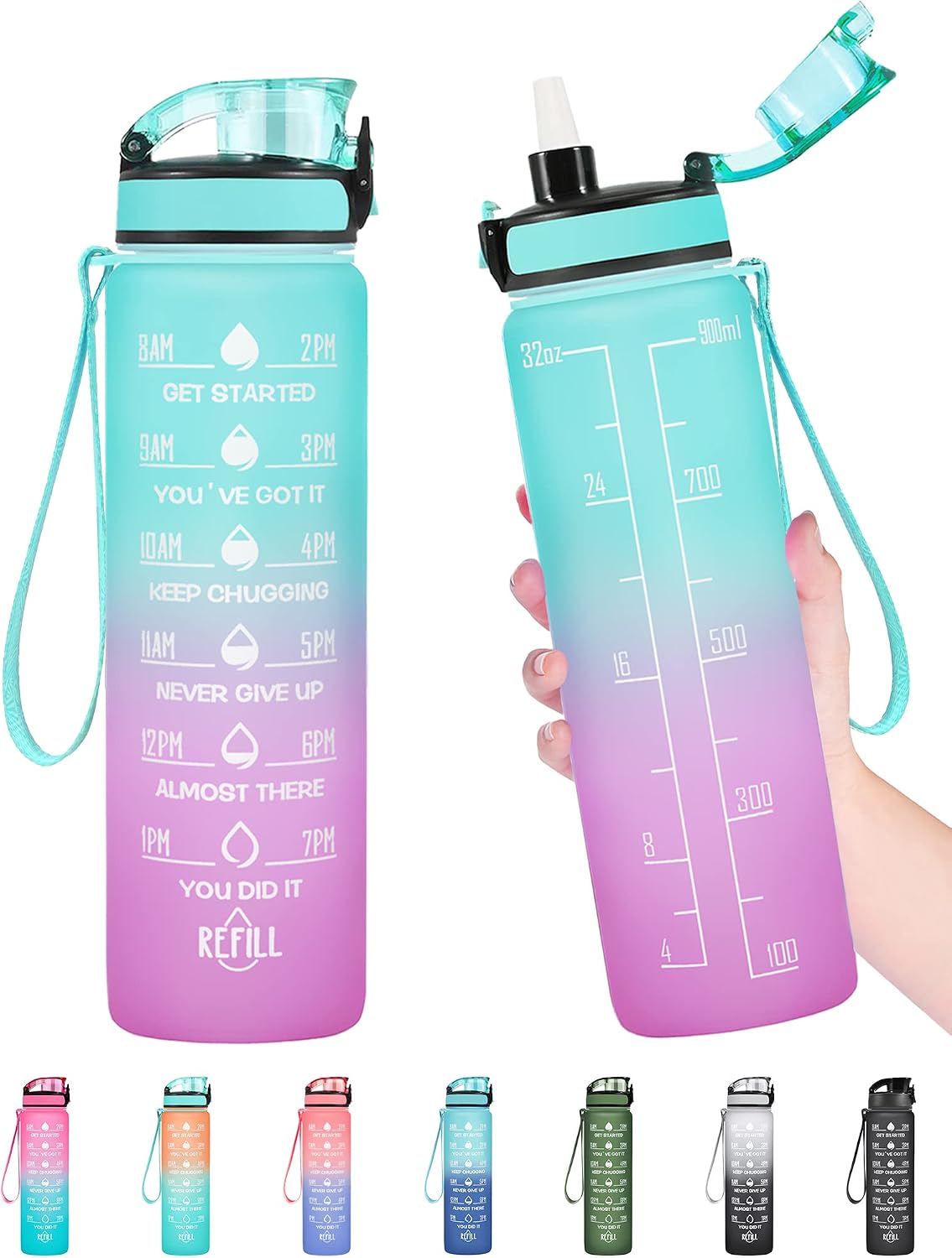 Water Bottle, Leakproof BPA & Toxic Free, Motivational Water Bottle with Times to Drink and Straw, Fitness Sports Water Bottle with Strap for Office, Gym, Outdoor Sports