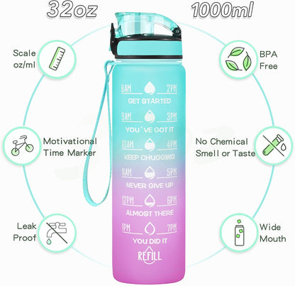 Water Bottle, Leakproof BPA & Toxic Free, Motivational Water Bottle with Times to Drink and Straw, Fitness Sports Water Bottle with Strap for Office, Gym, Outdoor Sports