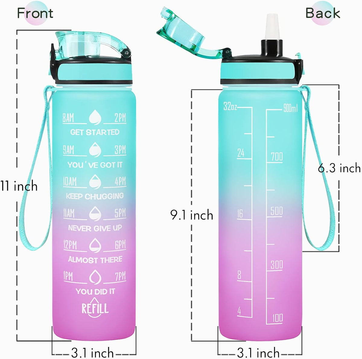 Water Bottle, Leakproof BPA & Toxic Free, Motivational Water Bottle with Times to Drink and Straw, Fitness Sports Water Bottle with Strap for Office, Gym, Outdoor Sports