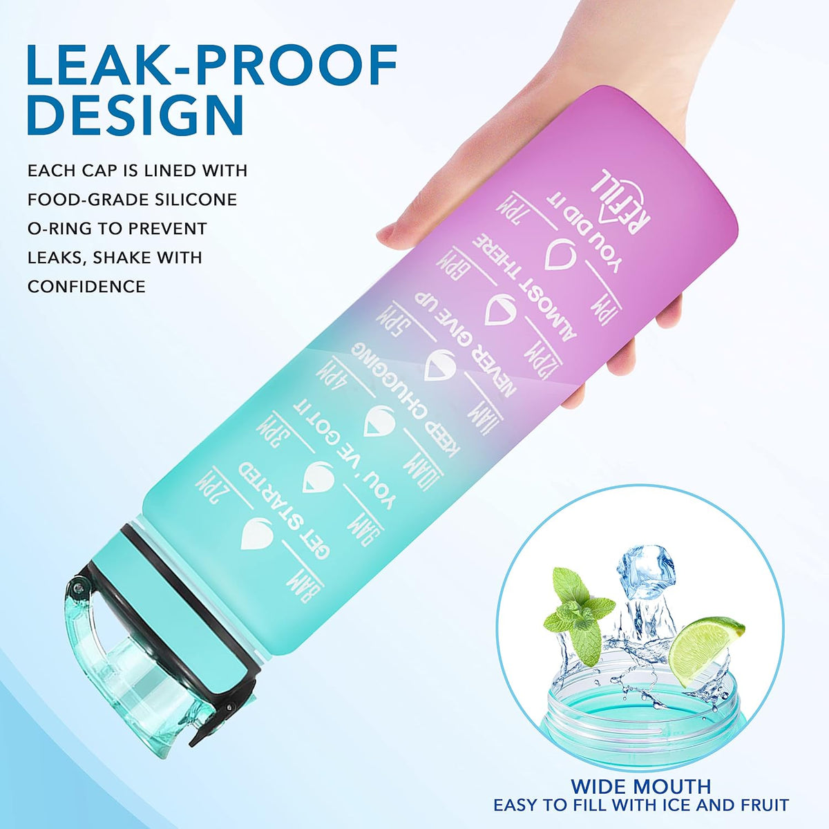 Water Bottle, Leakproof BPA & Toxic Free, Motivational Water Bottle with Times to Drink and Straw, Fitness Sports Water Bottle with Strap for Office, Gym, Outdoor Sports