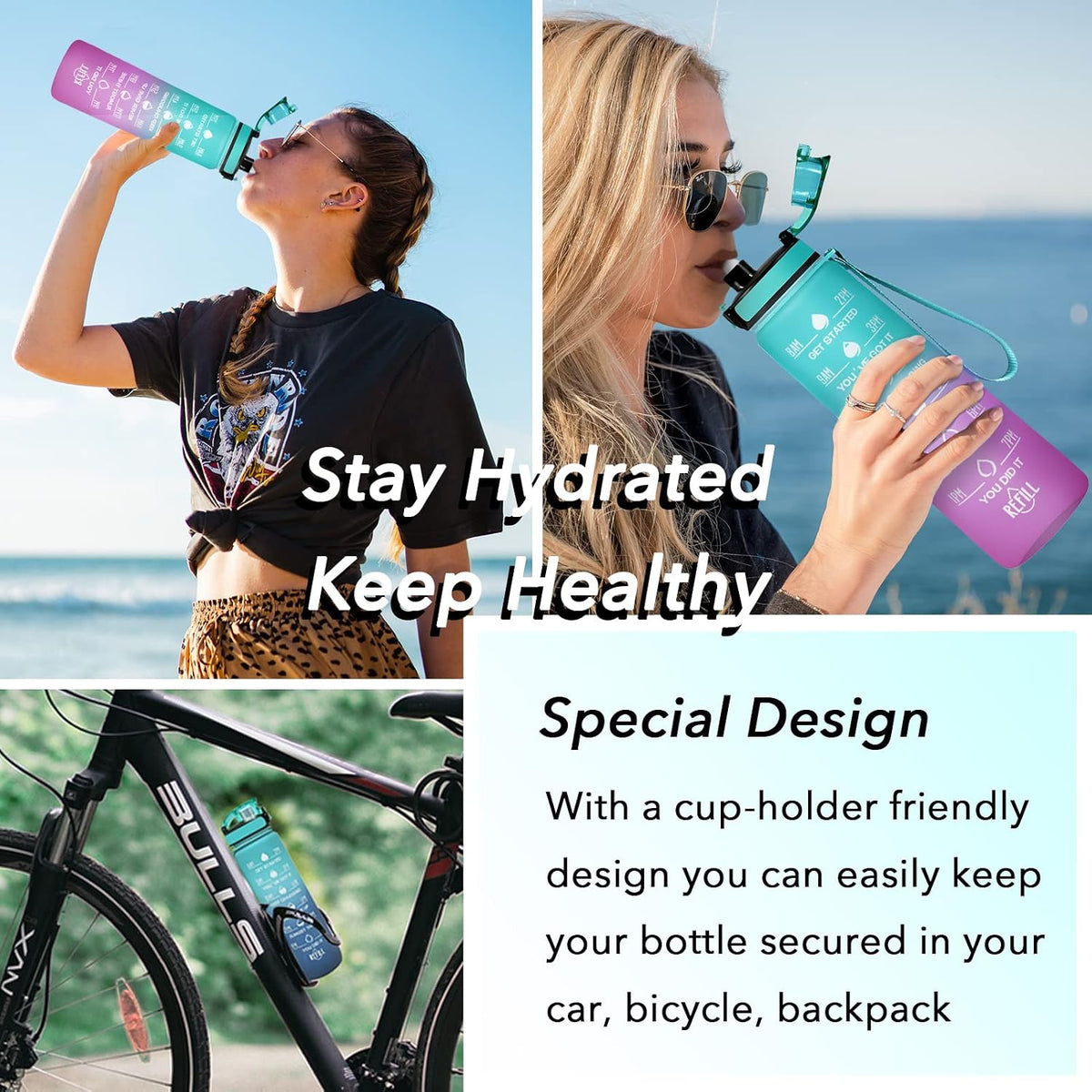 Water Bottle, Leakproof BPA & Toxic Free, Motivational Water Bottle with Times to Drink and Straw, Fitness Sports Water Bottle with Strap for Office, Gym, Outdoor Sports