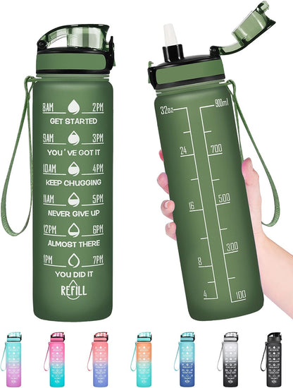 Water Bottle, Leakproof BPA & Toxic Free, Motivational Water Bottle with Times to Drink and Straw, Fitness Sports Water Bottle with Strap for Office, Gym, Outdoor Sports