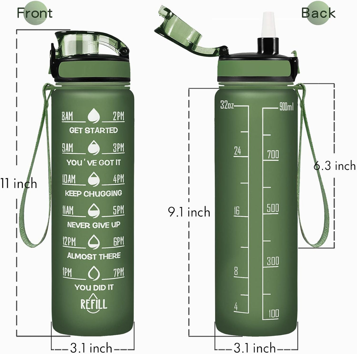Water Bottle, Leakproof BPA & Toxic Free, Motivational Water Bottle with Times to Drink and Straw, Fitness Sports Water Bottle with Strap for Office, Gym, Outdoor Sports