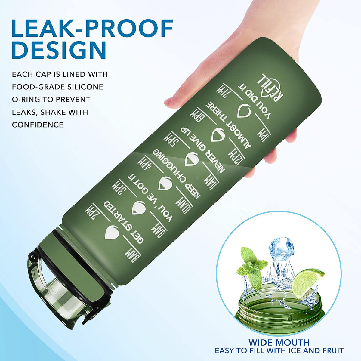 Water Bottle, Leakproof BPA & Toxic Free, Motivational Water Bottle with Times to Drink and Straw, Fitness Sports Water Bottle with Strap for Office, Gym, Outdoor Sports
