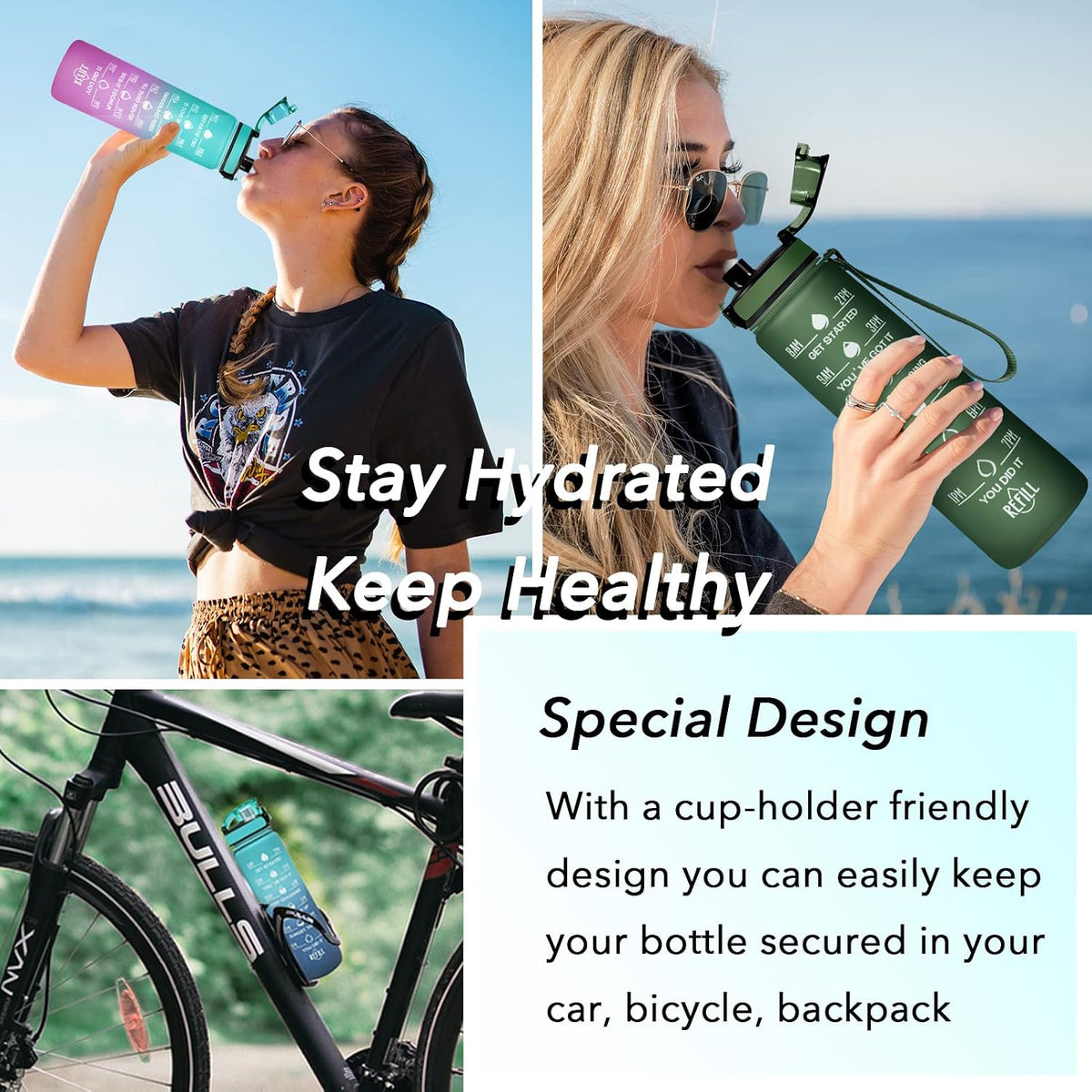 Water Bottle, Leakproof BPA & Toxic Free, Motivational Water Bottle with Times to Drink and Straw, Fitness Sports Water Bottle with Strap for Office, Gym, Outdoor Sports