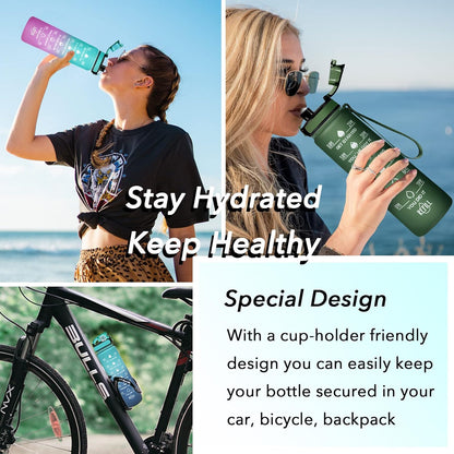 Water Bottle, Leakproof BPA & Toxic Free, Motivational Water Bottle with Times to Drink and Straw, Fitness Sports Water Bottle with Strap for Office, Gym, Outdoor Sports