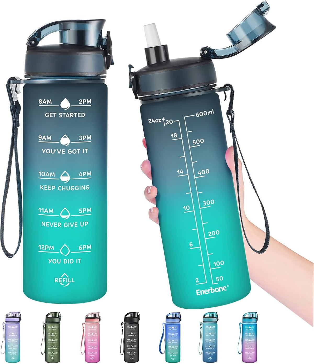 Water Bottle, Leakproof BPA & Toxic Free, Motivational Water Bottle with Times to Drink and Straw, Fitness Sports Water Bottle with Strap for Office, Gym, Outdoor Sports