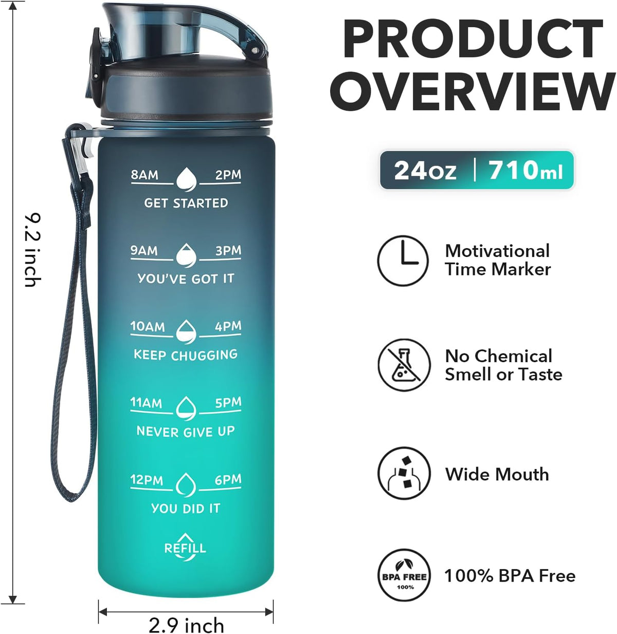 Water Bottle, Leakproof BPA & Toxic Free, Motivational Water Bottle with Times to Drink and Straw, Fitness Sports Water Bottle with Strap for Office, Gym, Outdoor Sports
