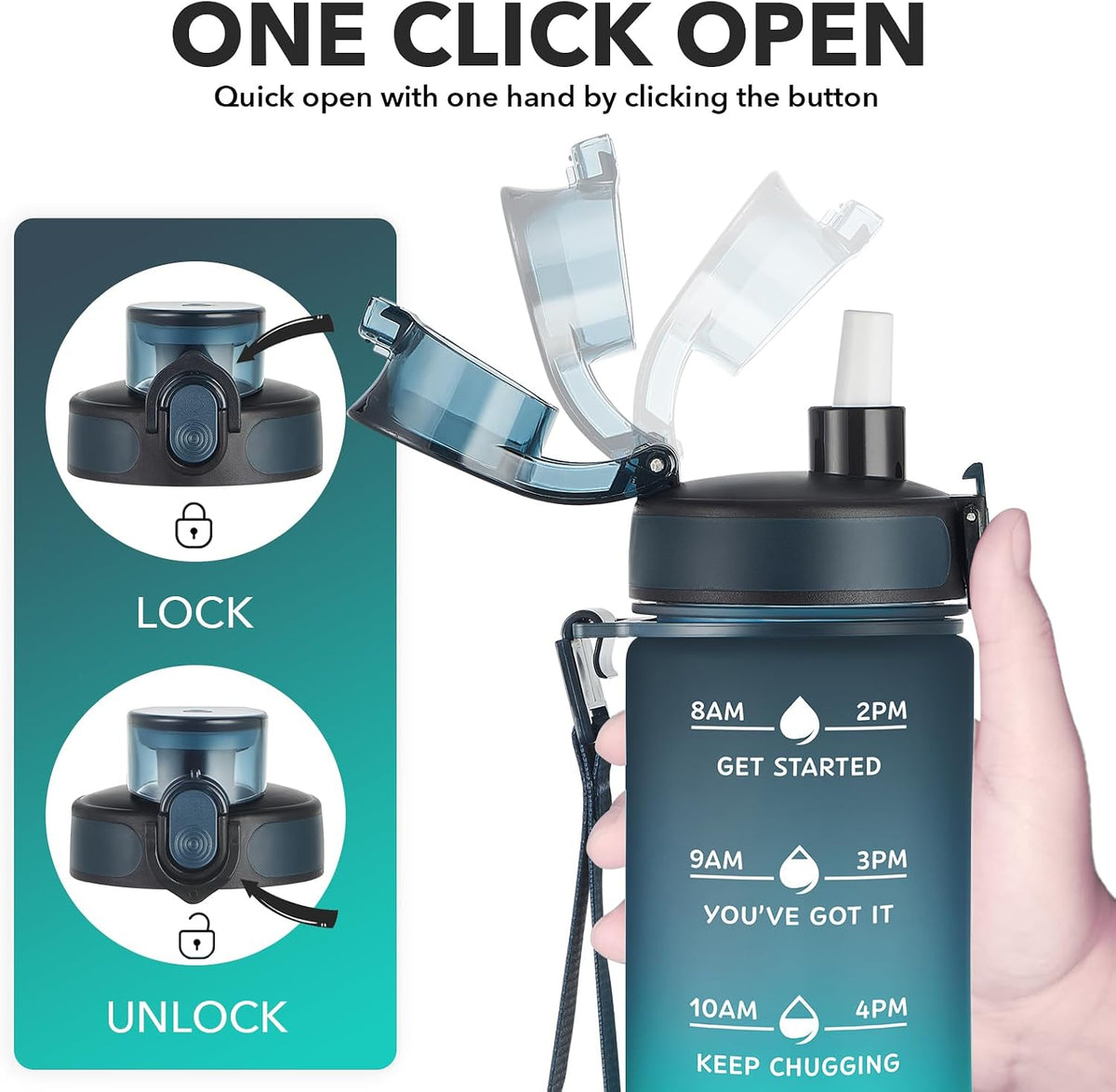 Water Bottle, Leakproof BPA & Toxic Free, Motivational Water Bottle with Times to Drink and Straw, Fitness Sports Water Bottle with Strap for Office, Gym, Outdoor Sports