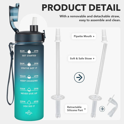 Water Bottle, Leakproof BPA & Toxic Free, Motivational Water Bottle with Times to Drink and Straw, Fitness Sports Water Bottle with Strap for Office, Gym, Outdoor Sports