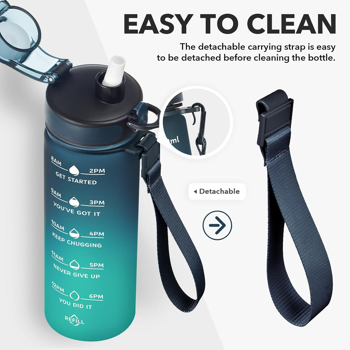 Water Bottle, Leakproof BPA & Toxic Free, Motivational Water Bottle with Times to Drink and Straw, Fitness Sports Water Bottle with Strap for Office, Gym, Outdoor Sports