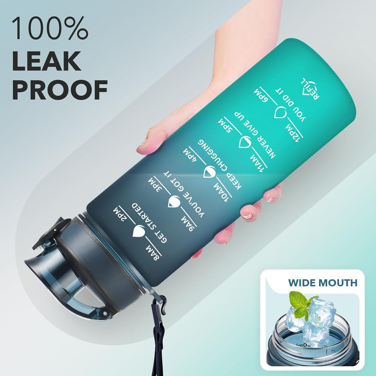 Water Bottle, Leakproof BPA & Toxic Free, Motivational Water Bottle with Times to Drink and Straw, Fitness Sports Water Bottle with Strap for Office, Gym, Outdoor Sports