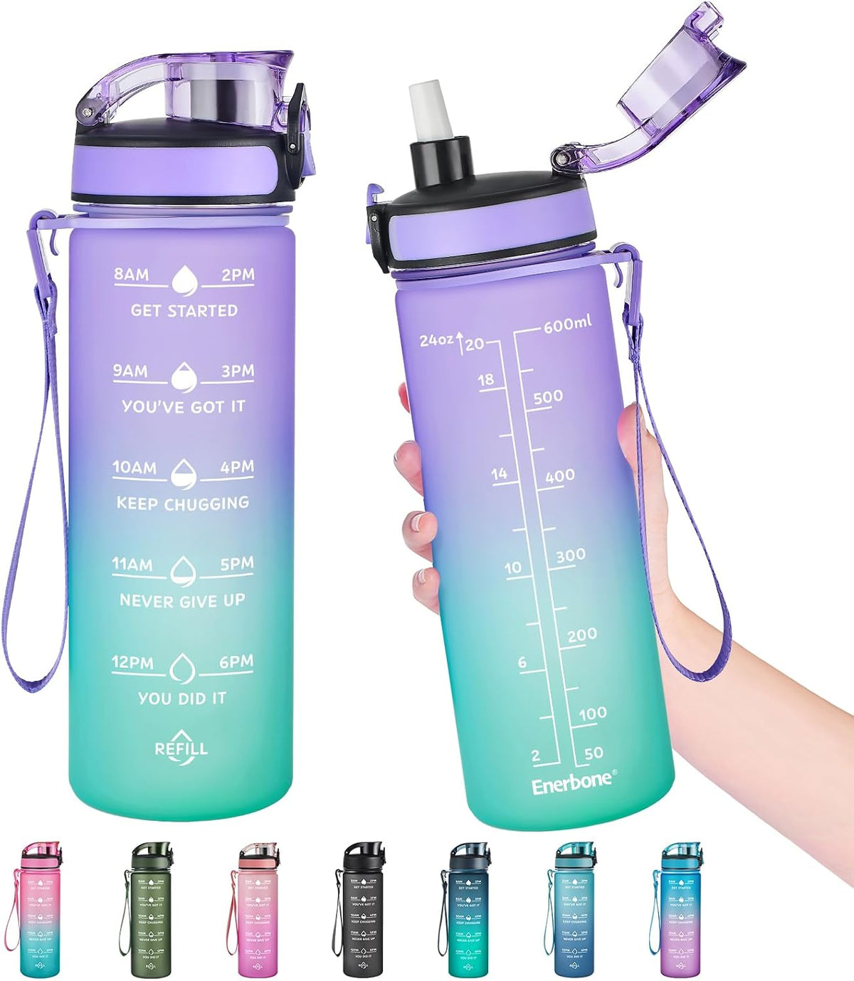 Water Bottle, Leakproof BPA & Toxic Free, Motivational Water Bottle with Times to Drink and Straw, Fitness Sports Water Bottle with Strap for Office, Gym, Outdoor Sports