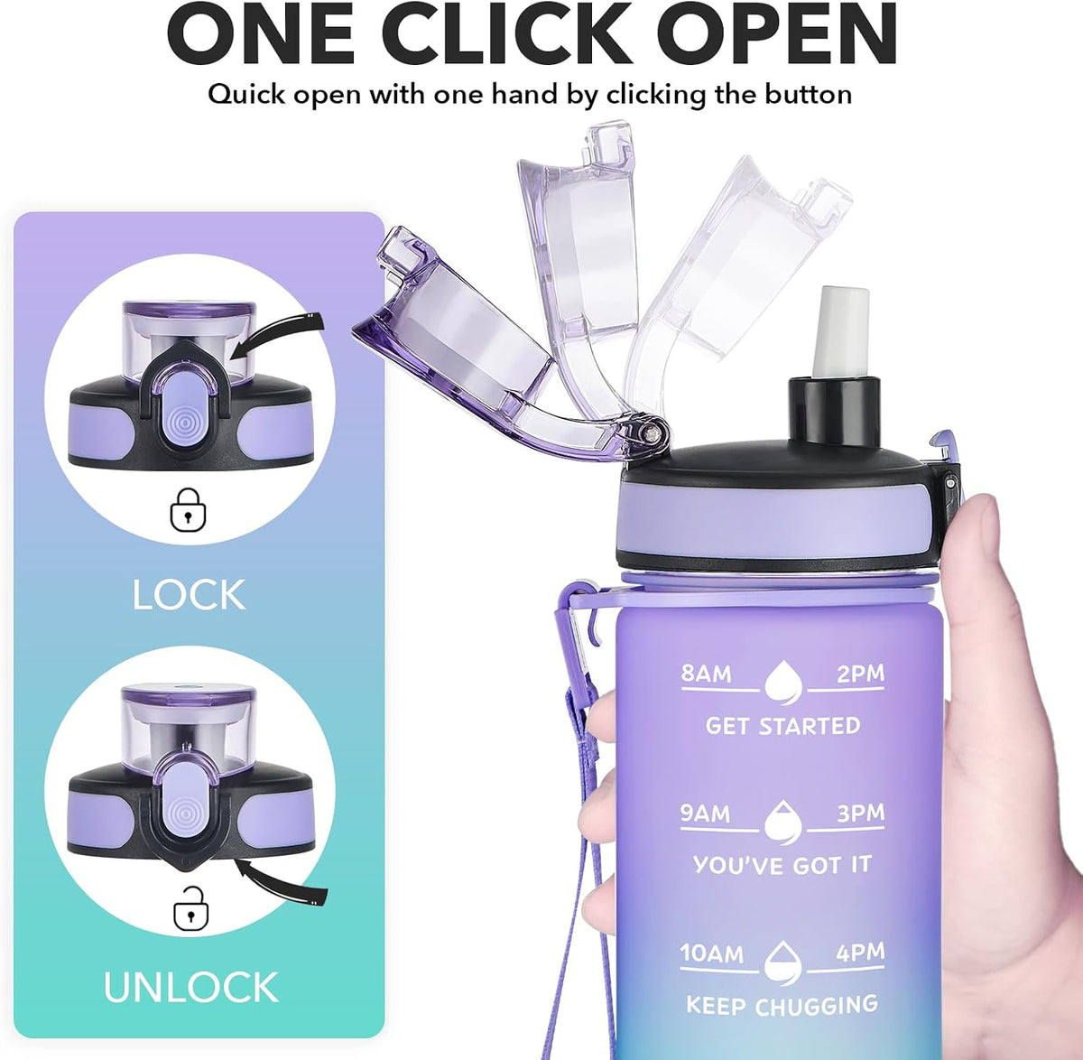 Water Bottle, Leakproof BPA & Toxic Free, Motivational Water Bottle with Times to Drink and Straw, Fitness Sports Water Bottle with Strap for Office, Gym, Outdoor Sports