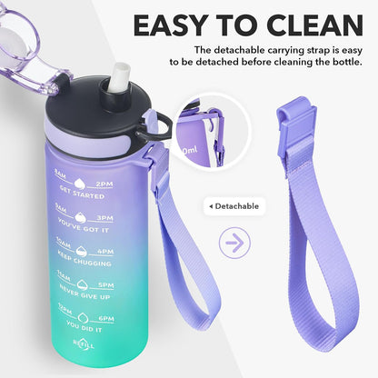 Water Bottle, Leakproof BPA & Toxic Free, Motivational Water Bottle with Times to Drink and Straw, Fitness Sports Water Bottle with Strap for Office, Gym, Outdoor Sports