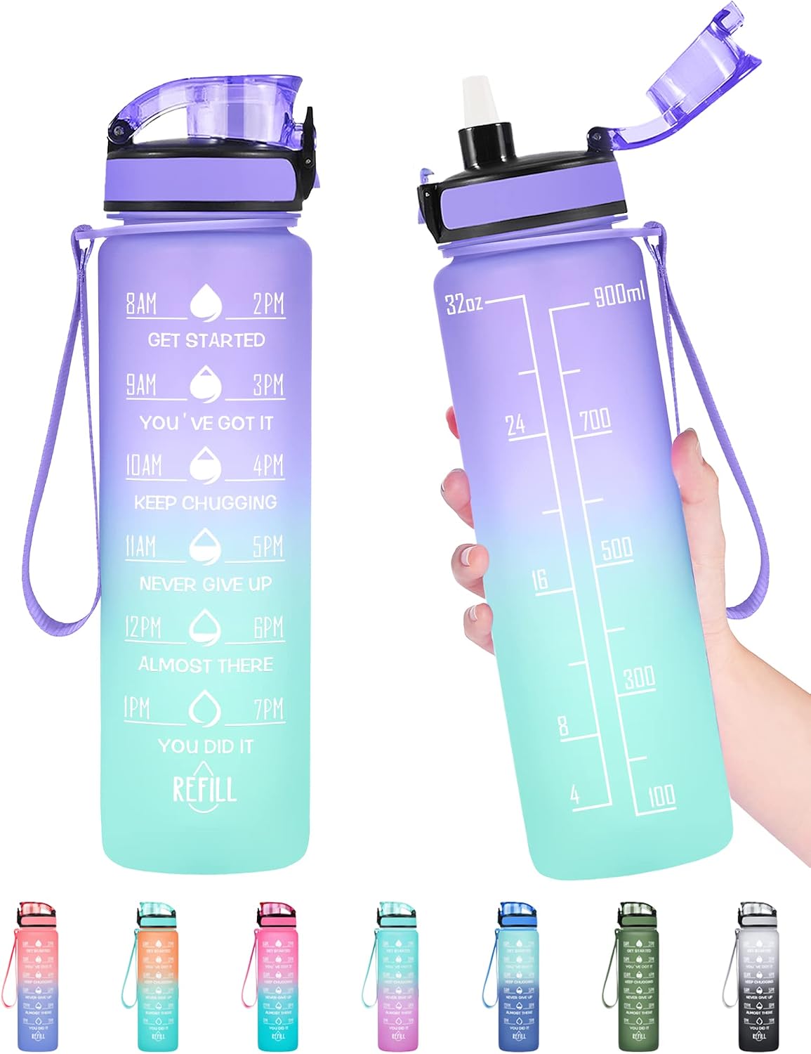 Water Bottle, Leakproof BPA & Toxic Free, Motivational Water Bottle with Times to Drink and Straw, Fitness Sports Water Bottle with Strap for Office, Gym, Outdoor Sports