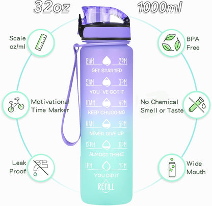 Water Bottle, Leakproof BPA & Toxic Free, Motivational Water Bottle with Times to Drink and Straw, Fitness Sports Water Bottle with Strap for Office, Gym, Outdoor Sports