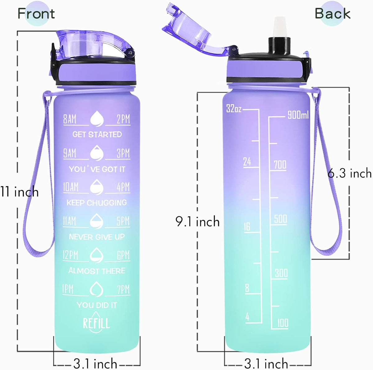 Water Bottle, Leakproof BPA & Toxic Free, Motivational Water Bottle with Times to Drink and Straw, Fitness Sports Water Bottle with Strap for Office, Gym, Outdoor Sports
