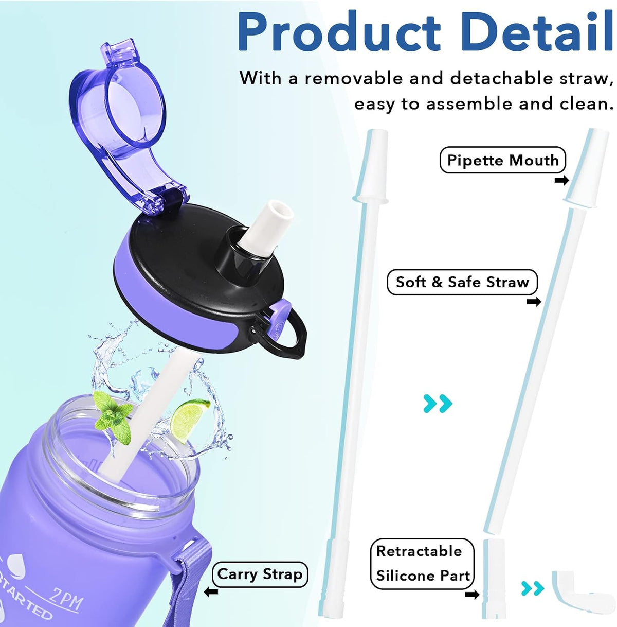 Water Bottle, Leakproof BPA & Toxic Free, Motivational Water Bottle with Times to Drink and Straw, Fitness Sports Water Bottle with Strap for Office, Gym, Outdoor Sports