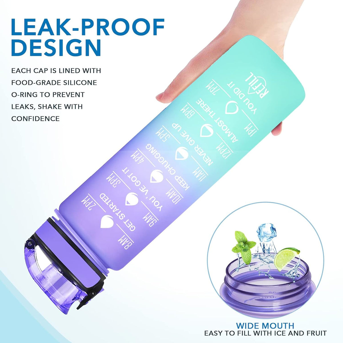 Water Bottle, Leakproof BPA & Toxic Free, Motivational Water Bottle with Times to Drink and Straw, Fitness Sports Water Bottle with Strap for Office, Gym, Outdoor Sports