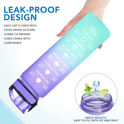 Water Bottle, Leakproof BPA & Toxic Free, Motivational Water Bottle with Times to Drink and Straw, Fitness Sports Water Bottle with Strap for Office, Gym, Outdoor Sports