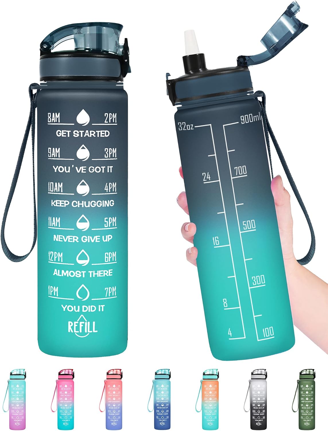 Water Bottle, Leakproof BPA & Toxic Free, Motivational Water Bottle with Times to Drink and Straw, Fitness Sports Water Bottle with Strap for Office, Gym, Outdoor Sports