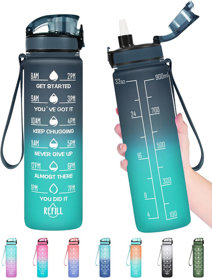 Water Bottle, Leakproof BPA & Toxic Free, Motivational Water Bottle with Times to Drink and Straw, Fitness Sports Water Bottle with Strap for Office, Gym, Outdoor Sports