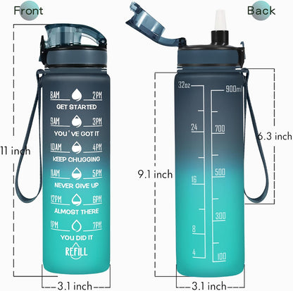 Water Bottle, Leakproof BPA & Toxic Free, Motivational Water Bottle with Times to Drink and Straw, Fitness Sports Water Bottle with Strap for Office, Gym, Outdoor Sports