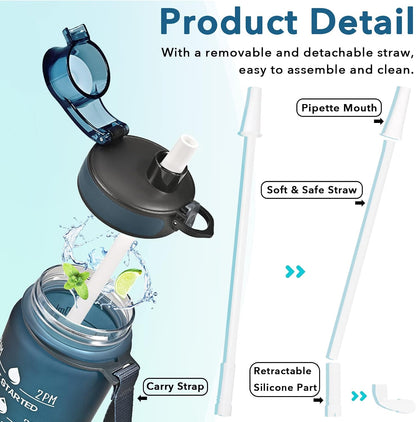 Water Bottle, Leakproof BPA & Toxic Free, Motivational Water Bottle with Times to Drink and Straw, Fitness Sports Water Bottle with Strap for Office, Gym, Outdoor Sports