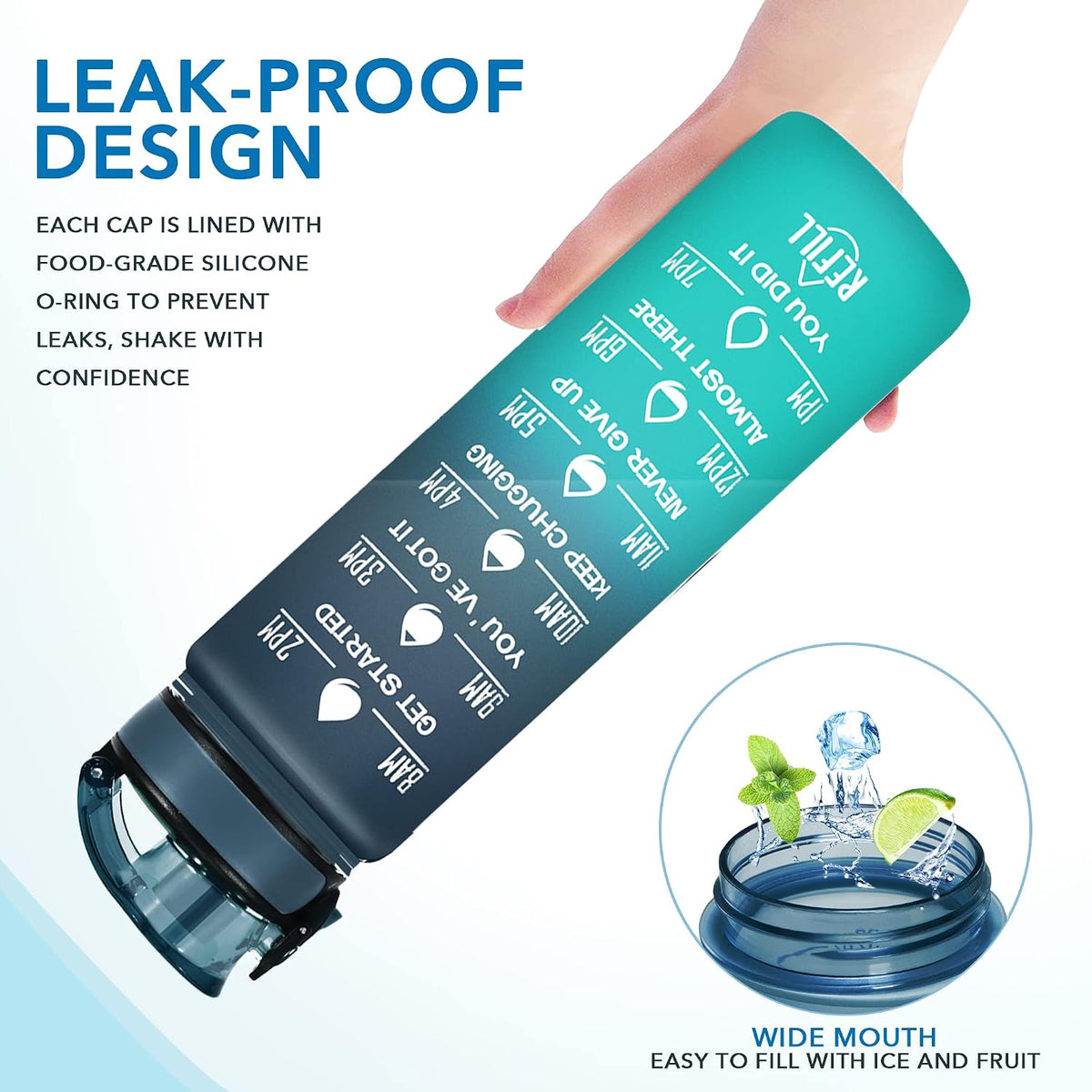 Water Bottle, Leakproof BPA & Toxic Free, Motivational Water Bottle with Times to Drink and Straw, Fitness Sports Water Bottle with Strap for Office, Gym, Outdoor Sports