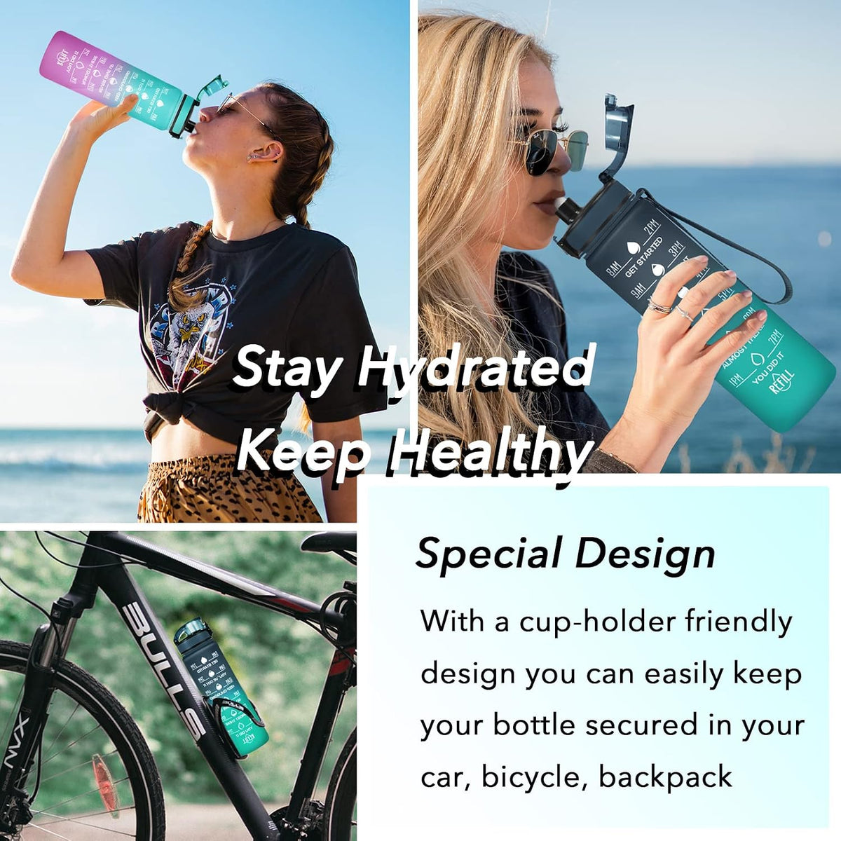 Water Bottle, Leakproof BPA & Toxic Free, Motivational Water Bottle with Times to Drink and Straw, Fitness Sports Water Bottle with Strap for Office, Gym, Outdoor Sports