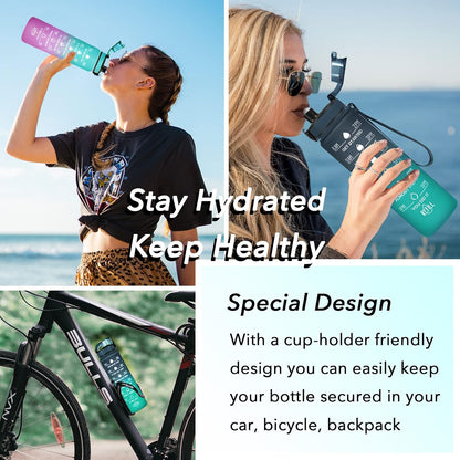 Water Bottle, Leakproof BPA & Toxic Free, Motivational Water Bottle with Times to Drink and Straw, Fitness Sports Water Bottle with Strap for Office, Gym, Outdoor Sports