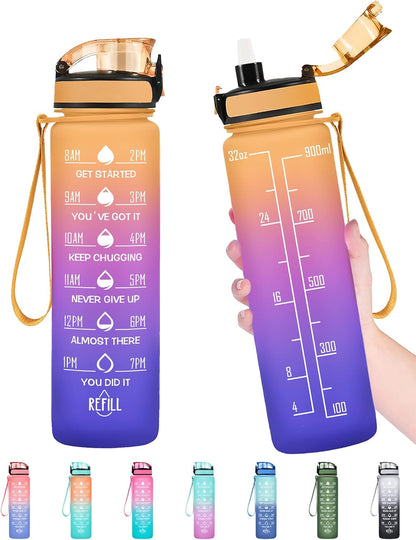 Water Bottle, Leakproof BPA & Toxic Free, Motivational Water Bottle with Times to Drink and Straw, Fitness Sports Water Bottle with Strap for Office, Gym, Outdoor Sports