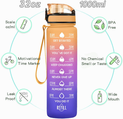 Water Bottle, Leakproof BPA & Toxic Free, Motivational Water Bottle with Times to Drink and Straw, Fitness Sports Water Bottle with Strap for Office, Gym, Outdoor Sports