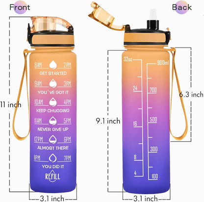 Water Bottle, Leakproof BPA & Toxic Free, Motivational Water Bottle with Times to Drink and Straw, Fitness Sports Water Bottle with Strap for Office, Gym, Outdoor Sports