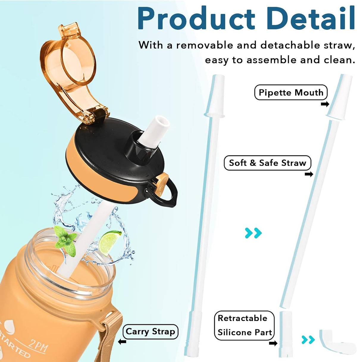 Water Bottle, Leakproof BPA & Toxic Free, Motivational Water Bottle with Times to Drink and Straw, Fitness Sports Water Bottle with Strap for Office, Gym, Outdoor Sports