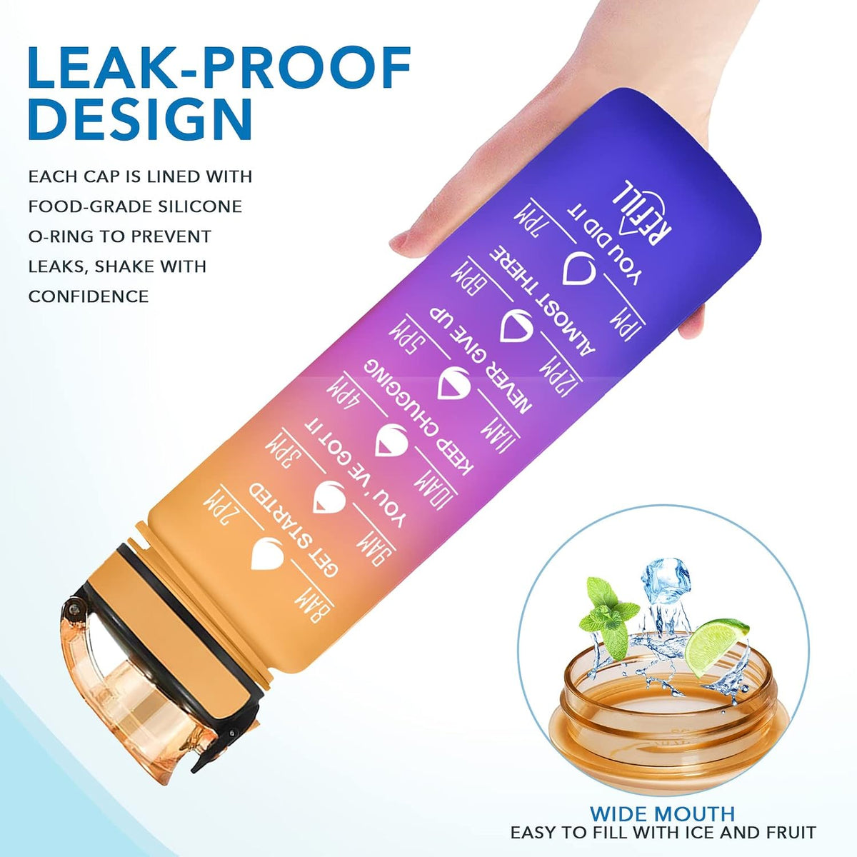 Water Bottle, Leakproof BPA & Toxic Free, Motivational Water Bottle with Times to Drink and Straw, Fitness Sports Water Bottle with Strap for Office, Gym, Outdoor Sports