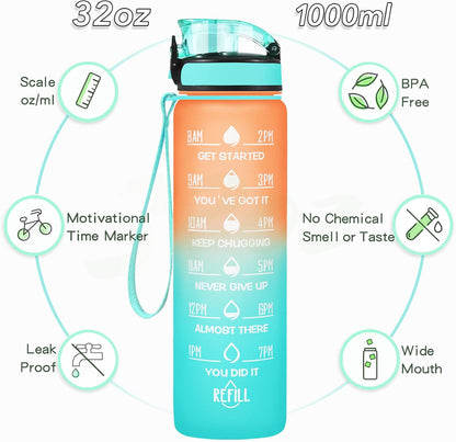 Water Bottle, Leakproof BPA & Toxic Free, Motivational Water Bottle with Times to Drink and Straw, Fitness Sports Water Bottle with Strap for Office, Gym, Outdoor Sports