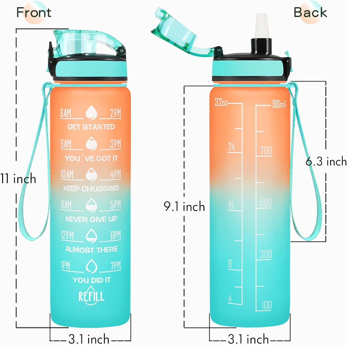 Water Bottle, Leakproof BPA & Toxic Free, Motivational Water Bottle with Times to Drink and Straw, Fitness Sports Water Bottle with Strap for Office, Gym, Outdoor Sports