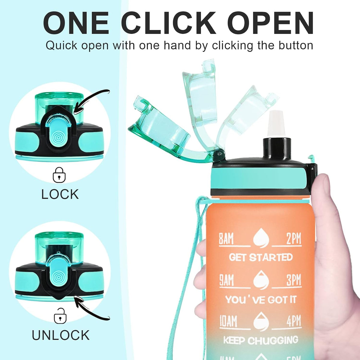 Water Bottle, Leakproof BPA & Toxic Free, Motivational Water Bottle with Times to Drink and Straw, Fitness Sports Water Bottle with Strap for Office, Gym, Outdoor Sports