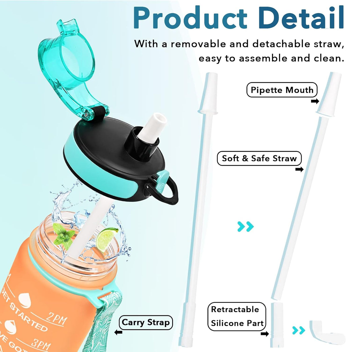 Water Bottle, Leakproof BPA & Toxic Free, Motivational Water Bottle with Times to Drink and Straw, Fitness Sports Water Bottle with Strap for Office, Gym, Outdoor Sports