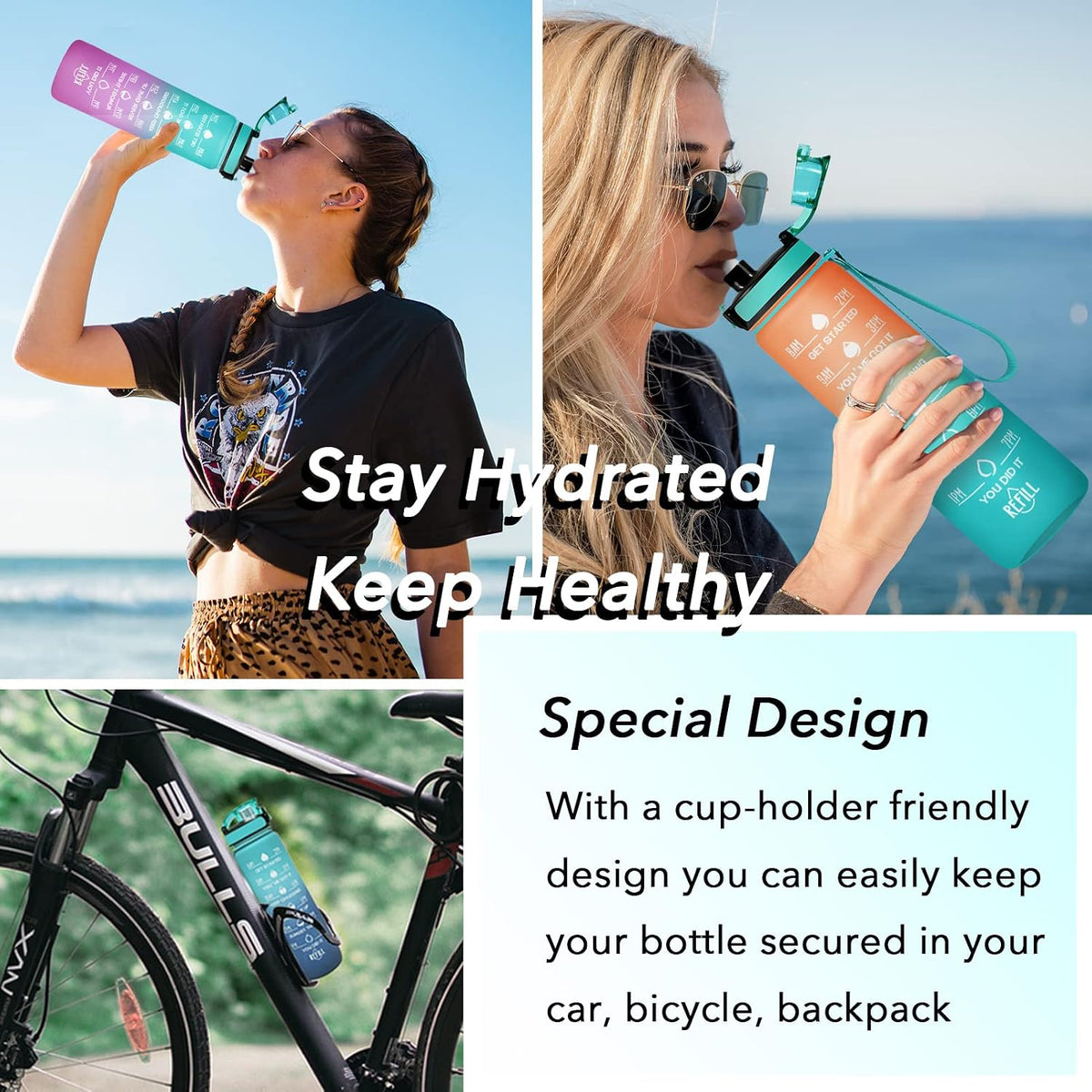 Water Bottle, Leakproof BPA & Toxic Free, Motivational Water Bottle with Times to Drink and Straw, Fitness Sports Water Bottle with Strap for Office, Gym, Outdoor Sports