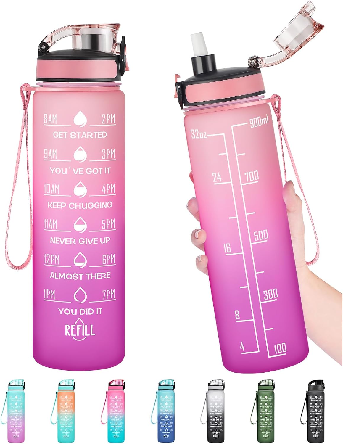Water Bottle, Leakproof BPA & Toxic Free, Motivational Water Bottle with Times to Drink and Straw, Fitness Sports Water Bottle with Strap for Office, Gym, Outdoor Sports