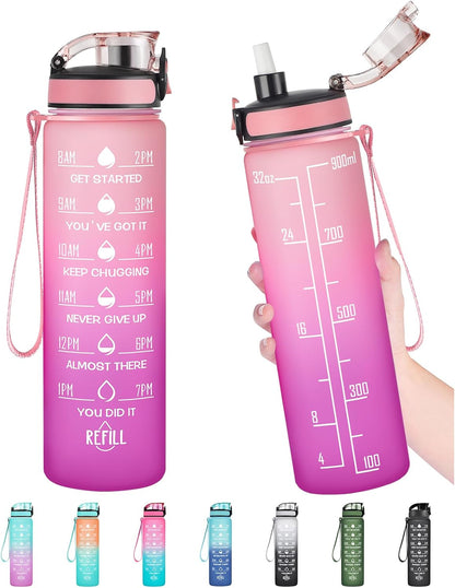 Water Bottle, Leakproof BPA & Toxic Free, Motivational Water Bottle with Times to Drink and Straw, Fitness Sports Water Bottle with Strap for Office, Gym, Outdoor Sports